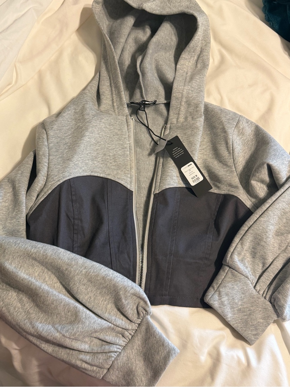 Fashion Nova Cropped Hooded Zip Jacket in Light Gray and Black